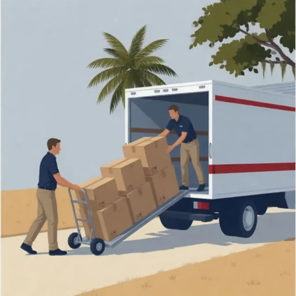 Two movers loading a mattress into a rental box truck at a Central Florida home