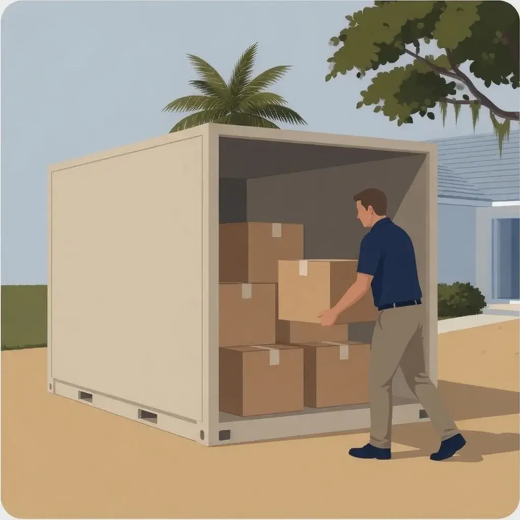 Illustration of a mover loading boxes into a storage container on a Central Florida storage-unit job