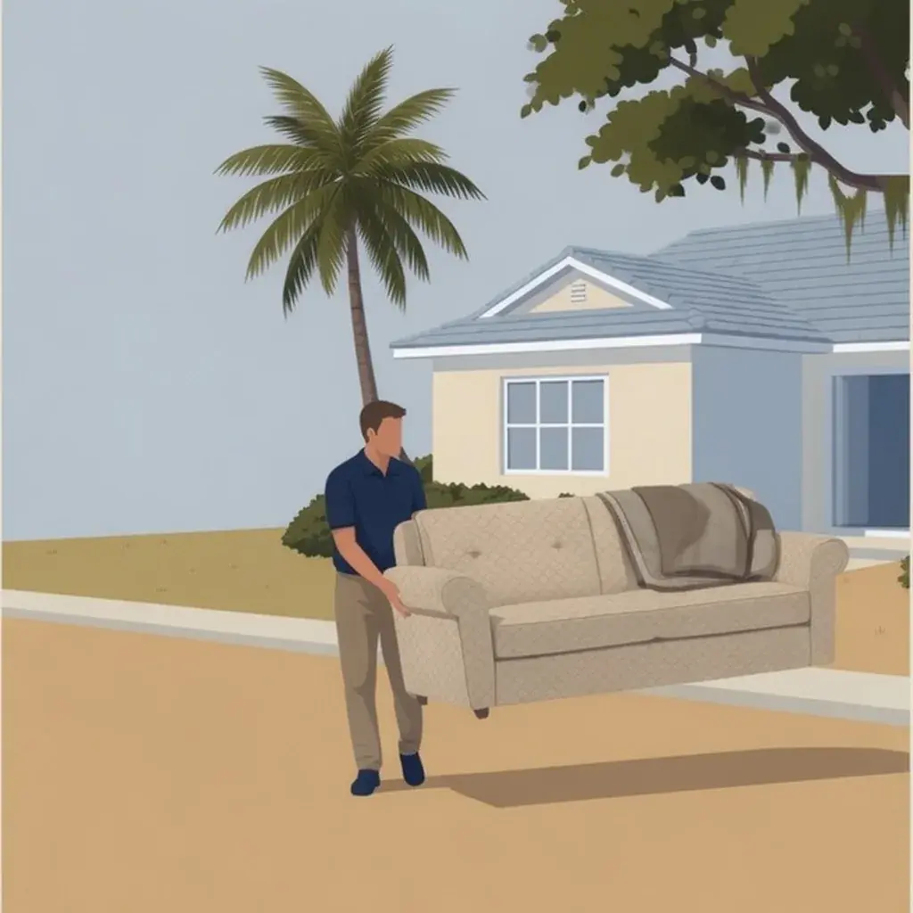 Illustration of two movers carrying a blue sofa from a house to a white box truck