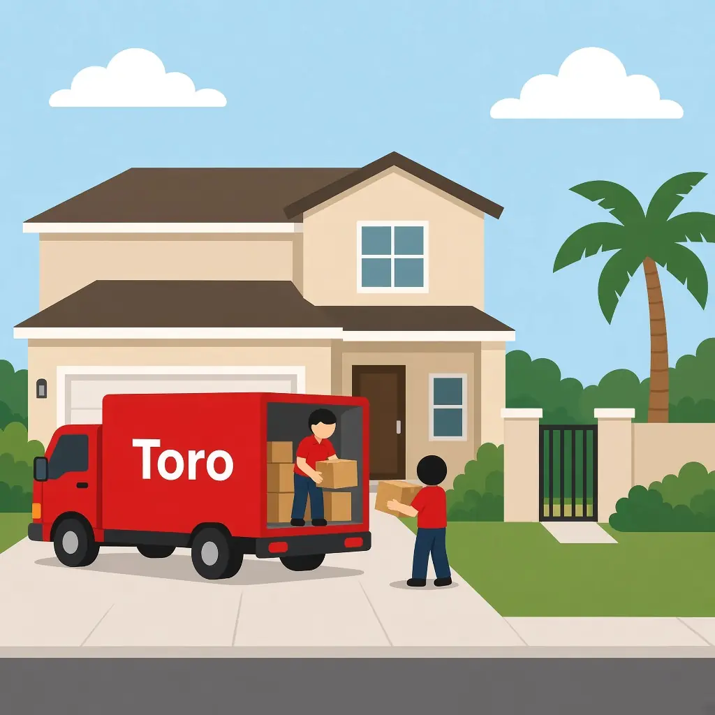 Illustration of a crew loading boxes into a red truck outside a two-story house in a gated Lake Mary community