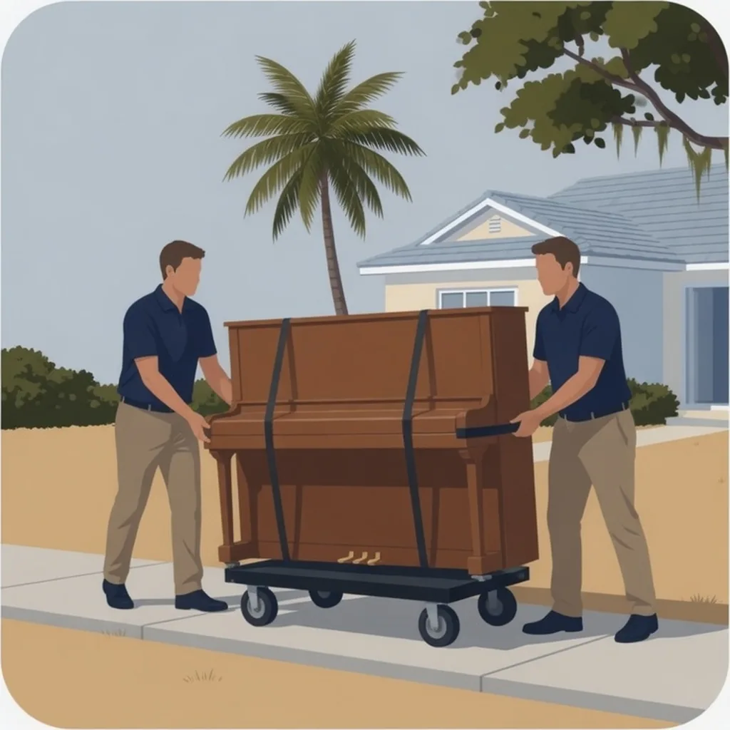 Illustration of two movers carrying a piano down the front steps on a Central Florida heavy-item move