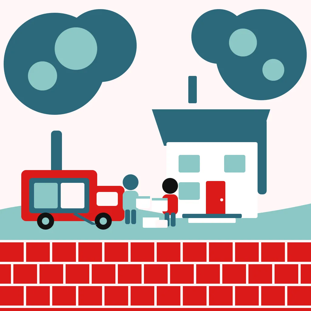 Illustration of a crew loading boxes into a red truck outside a tree-lined Winter Park house