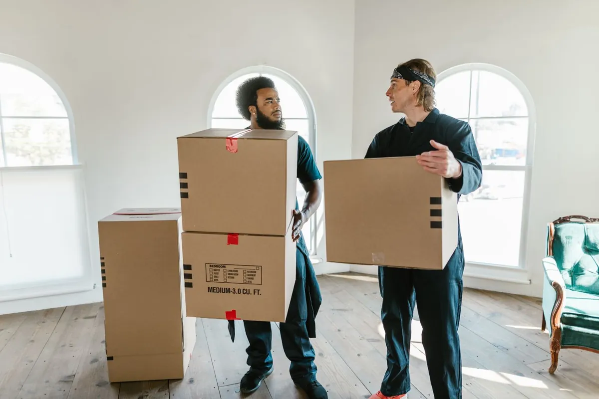 Two movers carrying cardboard boxes through a bright home