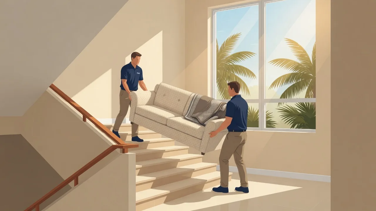 Illustration of two movers carrying a sofa up a staircase