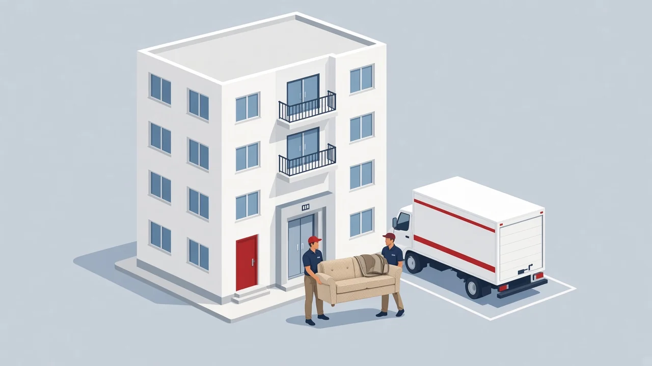 Illustration of movers carrying a sofa out of an apartment building