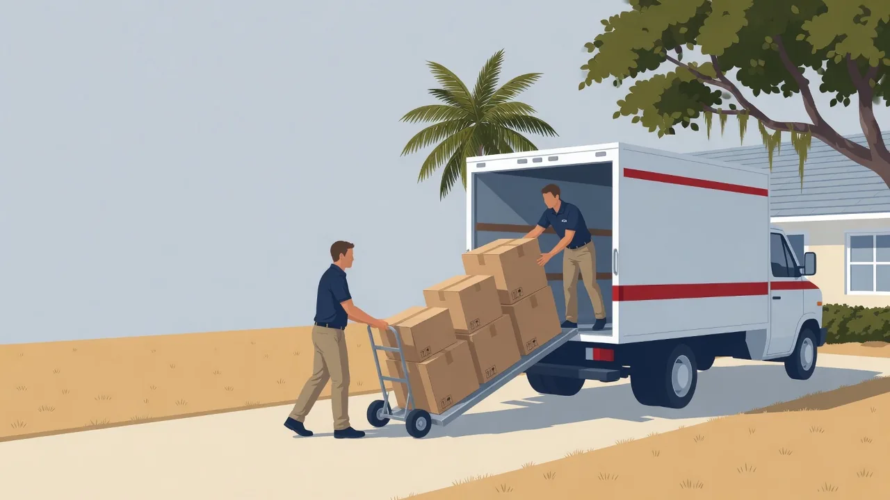 Illustration of movers loading boxes into a truck with a hand truck