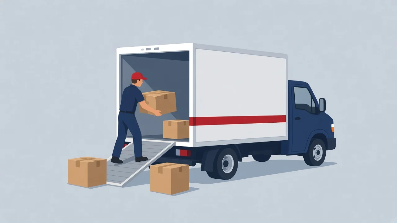 Illustration of a mover loading boxes into a truck on a ramp