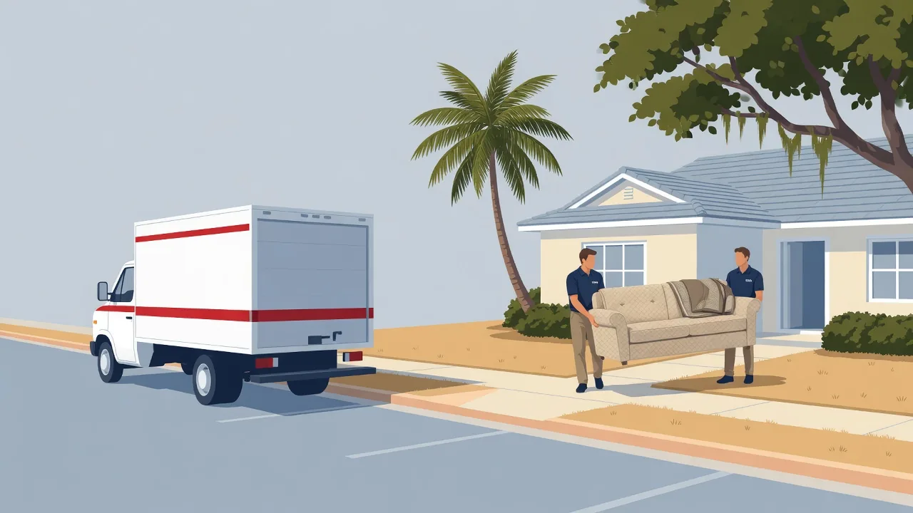 Illustration of two movers carrying a sofa from a house to a moving truck