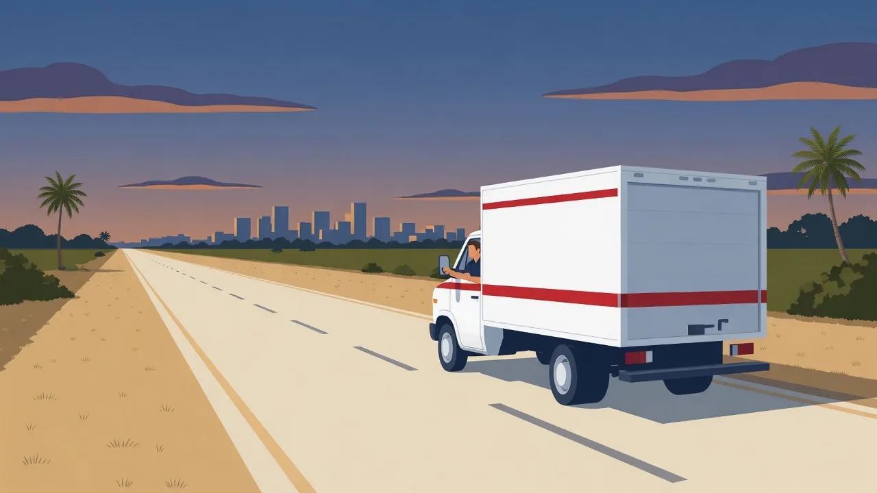 Illustration of a moving truck on an open road at dusk