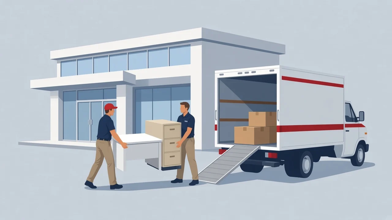 Illustration of movers loading boxes outside an office building