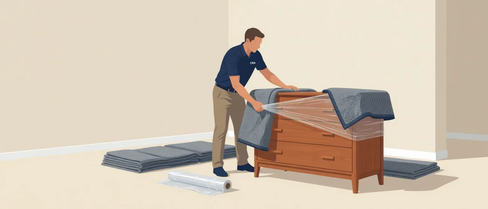 Illustration of a mover wrapping a dresser in moving pads